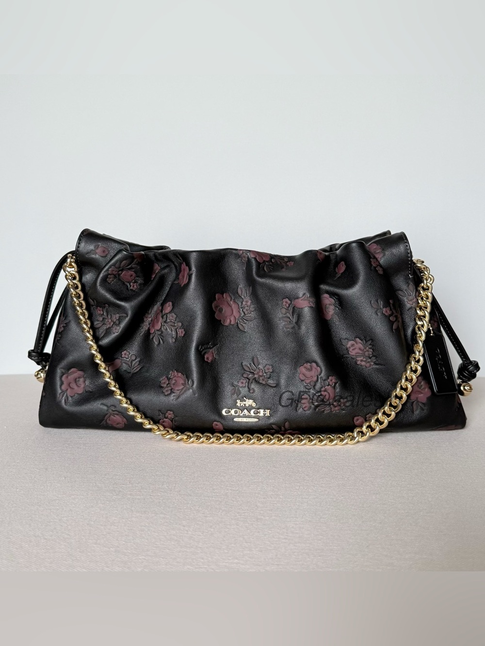 NWT Coach Faye Large Slouchy Shoulder Bag Black Wine Floral Leather Chain CCE25